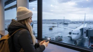 Traveller using a smartphone inside Keflavík Airport in Iceland
