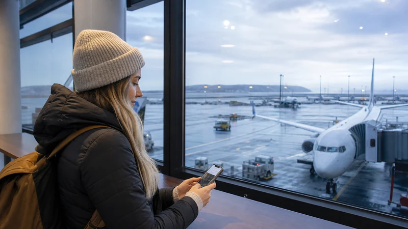 Traveller using a smartphone inside Keflavík Airport in Iceland