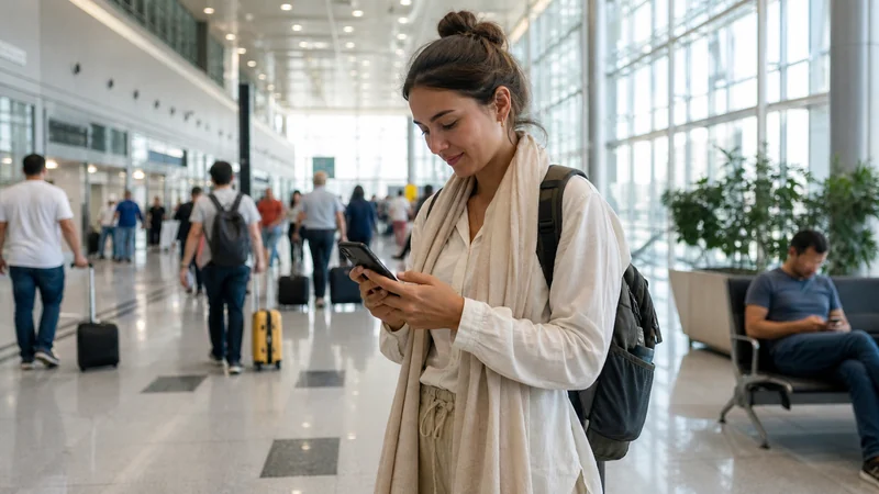 Traveller using a smartphone for wi-fi at khujand airport: internet and esim arrival guide