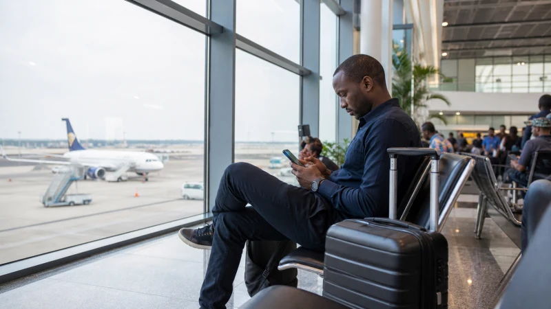 Traveller using airport WiFi in Kigali International Airport