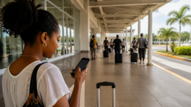 Traveller using a smartphone in Jamaica while using airport Wi-Fi after landing in Kingston