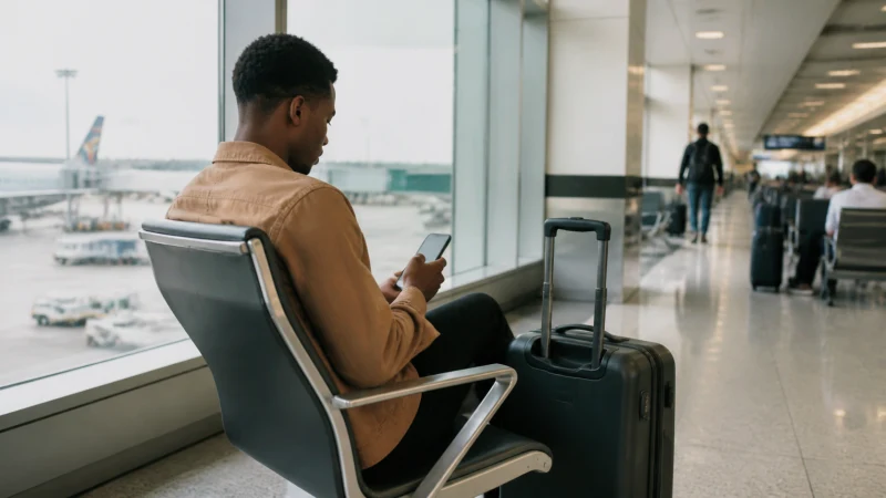 Traveller using airport WiFi at Kotoka International Airport