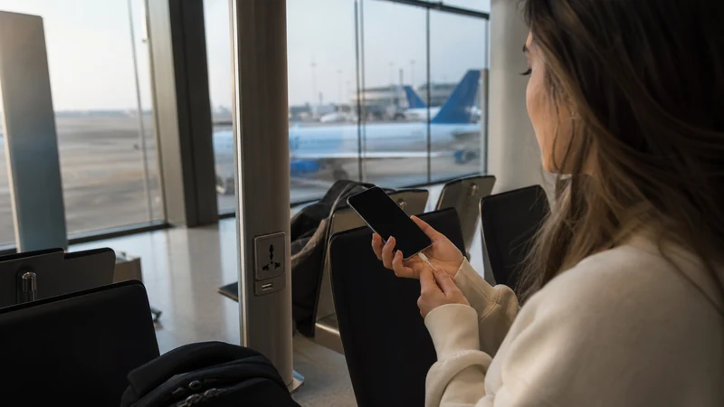 Traveller using a smartphone in a Kuwait setting related to how to use wi-fi at kuwait international airport safely