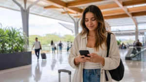 Traveller using a smartphone in Costa Rica for how to use wi-fi at liberia airport safely