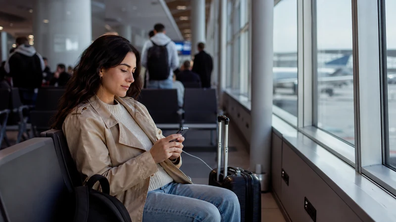 Traveller using a smartphone in Peru for wifi lima airport