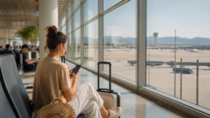 Traveller connecting a smartphone at Málaga Airport.