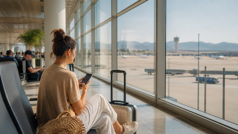 Traveller connecting a smartphone at Málaga Airport.