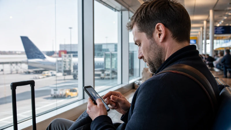 Traveller using a smartphone while preparing for wi-fi at malmö airport: connections and backup options