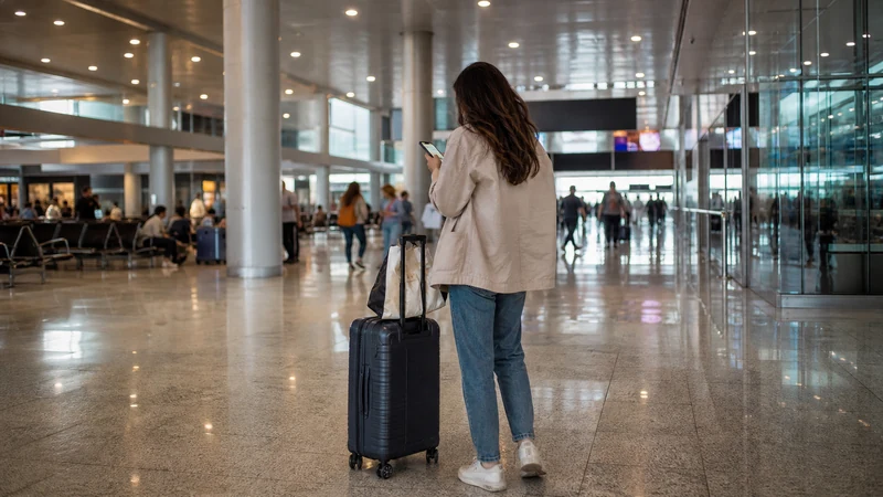 Traveller checking a smartphone inside Malta International Airport