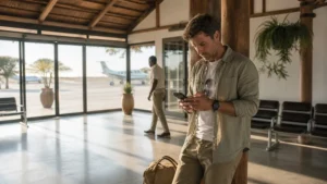 Small Maun airport arrivals scene with smartphone.