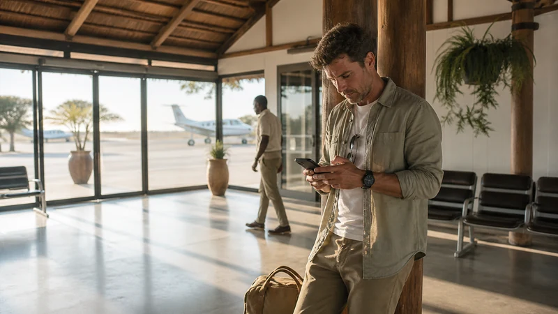 Small Maun airport arrivals scene with smartphone.