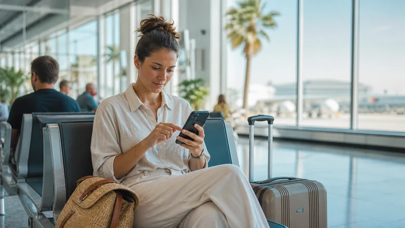 Traveller connecting a smartphone at Monastir Airport.