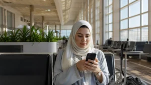 Traveller using a smartphone during passenger using Wi-Fi at Muscat Airport