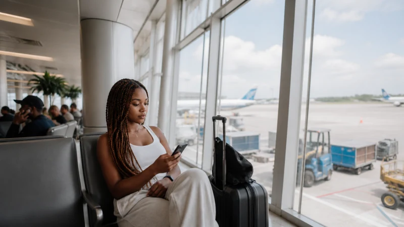 Traveller using airport WiFi at Lynden Pindling International Airport