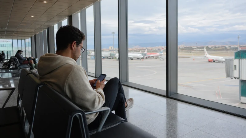 Traveller connecting to Wi-Fi at Oran Airport