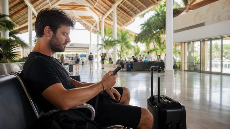 Traveller using a smartphone in the Dominican Republic for wifi punta cana airport