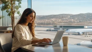 Traveller using a smartphone in Jordan for wi-fi at queen alia airport: internet and esim arrival guide