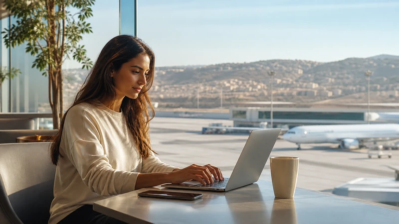 Traveller using a smartphone in Jordan for wi-fi at queen alia airport: internet and esim arrival guide