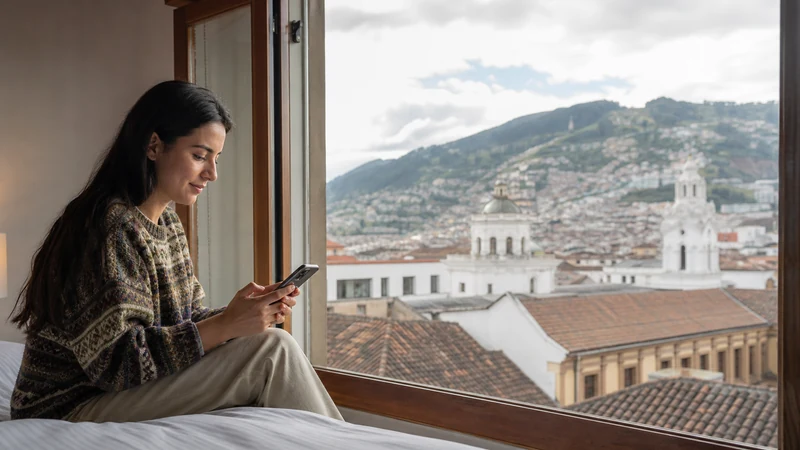 Traveller using a smartphone in Ecuador for wifi quito airport