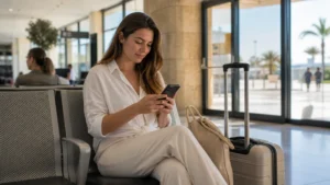 Traveller connecting a smartphone at Rhodes Airport.