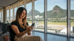 Traveller using a smartphone in Brazil for wifi rio galeao airport