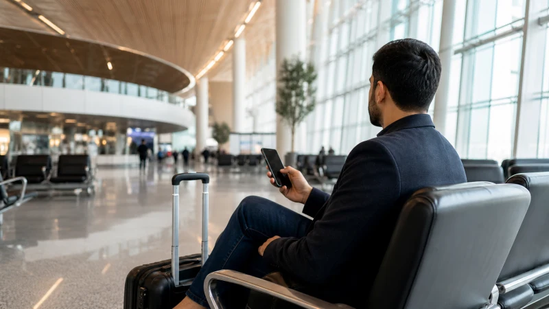 Traveller using airport Wi-Fi while waiting at Riyadh airport.