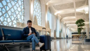 Traveller using a smartphone in Samarkand Airport
