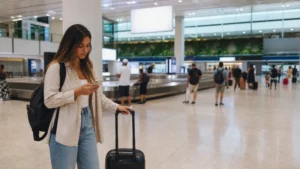 Traveller using a smartphone in Puerto Rico while using airport Wi-Fi after landing in San Juan