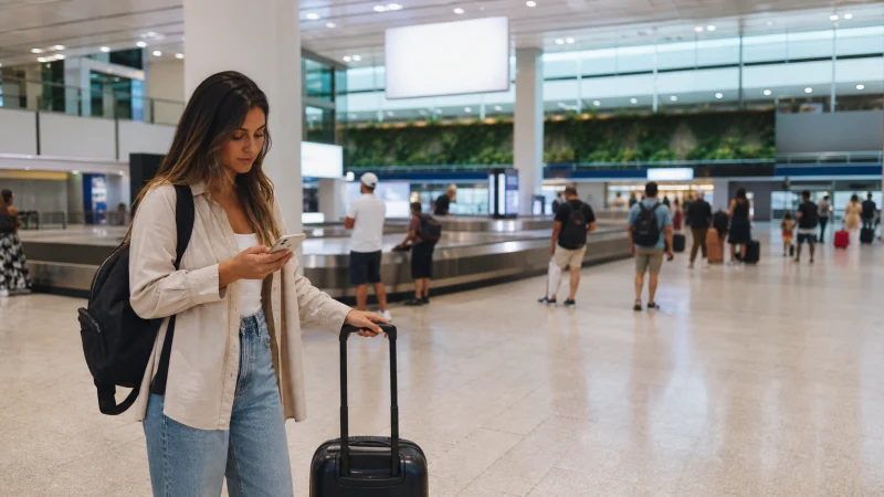 Traveller using a smartphone in Puerto Rico while using airport Wi-Fi after landing in San Juan