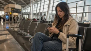 Traveller using a smartphone in Chile for how to use wi-fi at santiago airport safely