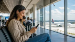 Traveller using a smartphone in Brazil for wifi sao paulo guarulhos airport