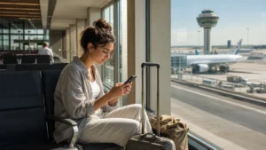 Traveller connecting a smartphone at Seville Airport.