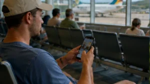Traveller connecting a smartphone to Wi-Fi at Seychelles International Airport