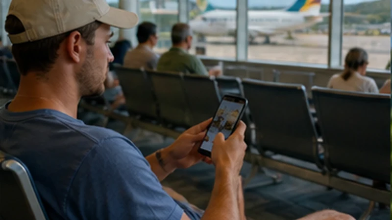 Traveller connecting a smartphone to Wi-Fi at Seychelles International Airport