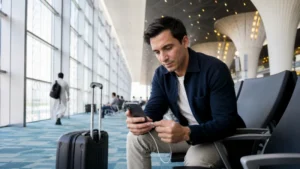 Traveller using a smartphone in Tashkent Airport