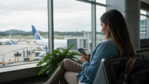 Traveller using a smartphone in Panama for wifi tocumen airport
