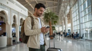 Traveller using a smartphone for Wi-Fi Tunis Airport in Tunisia