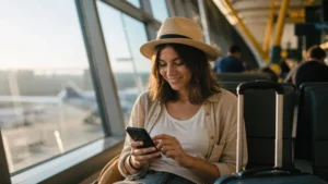 Traveller connecting a smartphone at Valencia Airport.