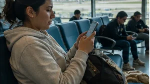 Traveller using a smartphone in Bolivia while researching wi-fi at viru viru international airport: what to expect
