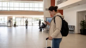 Traveller using a smartphone in Namibia while using airport Wi-Fi after landing in Walvis Bay