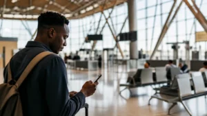 Traveller using a smartphone in Namibia while using airport Wi-Fi after landing near Windhoek