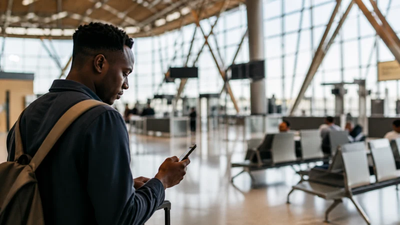 Traveller using a smartphone in Namibia while using airport Wi-Fi after landing near Windhoek