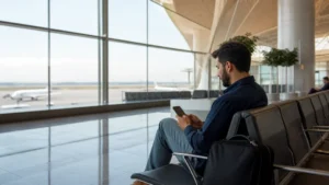 Traveller using airport connectivity for using Wi-Fi at Zvartnots Airport in Armenia