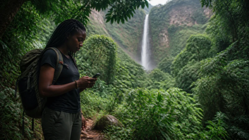 Hiker checking a smartphone near Wli Waterfalls Ghana