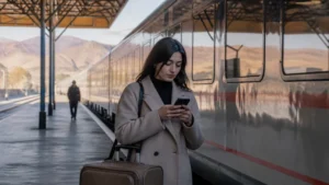 Traveller using a smartphone while using mobile internet between Yerevan and Gyumri