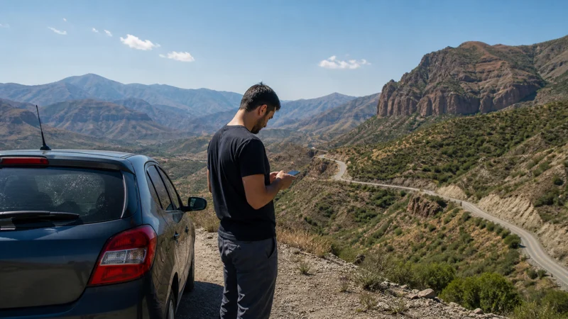 Traveller using a smartphone while using mobile internet between Yerevan and Kapan