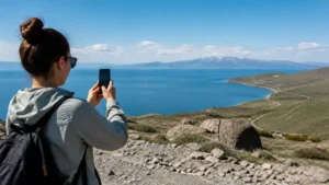 Traveller using a smartphone while using mobile internet from Yerevan to Lake Sevan