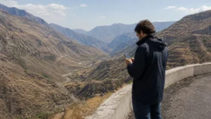 Traveller using a smartphone while using mobile internet between Yerevan and Meghri