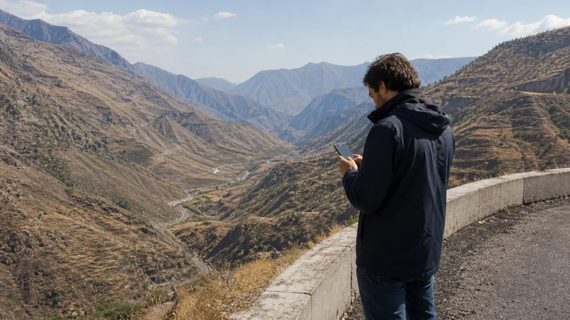 Traveller using a smartphone while using mobile internet between Yerevan and Meghri