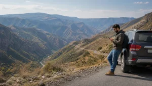 Traveller using a smartphone while using mobile internet between Yerevan and Tatev
